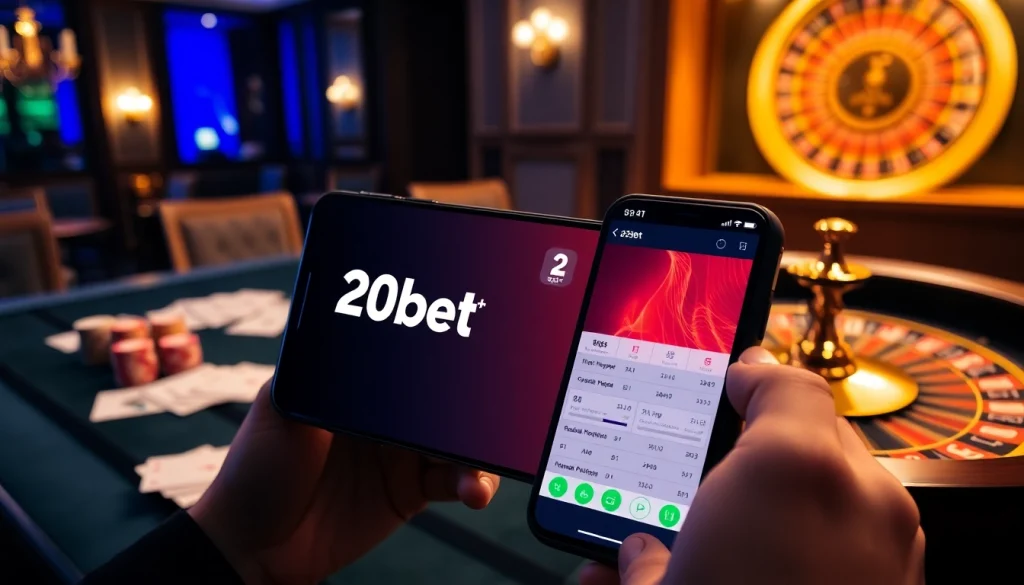 Experience real-time betting with the 20bet App on a smartphone in an elegant casino setting.
