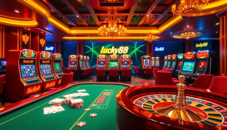 Gambling at lucky88 with vibrant slot machines and high-stakes poker tables in a luxurious casino setting.
