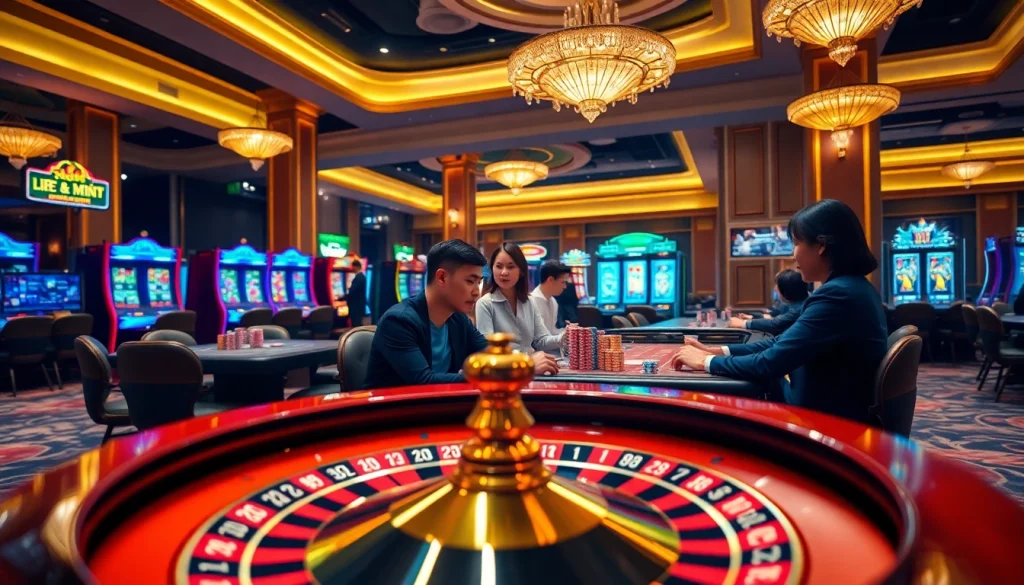Engaging gamblers at Liên minh KJC in a luxurious casino setting with vibrant games.