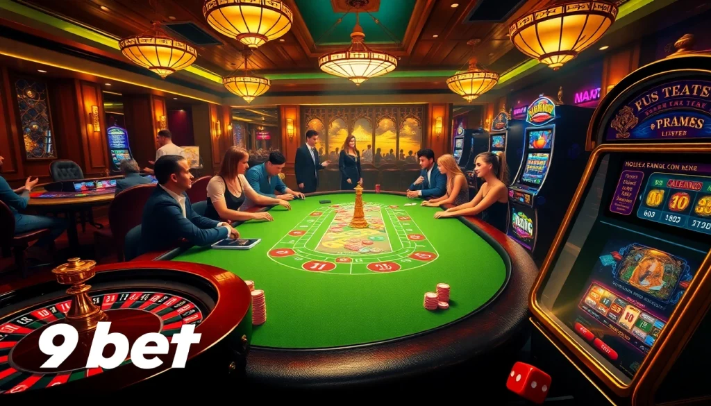 Players enjoying the thrill of strategic gameplay at a 9bet casino table surrounded by vibrant elements.