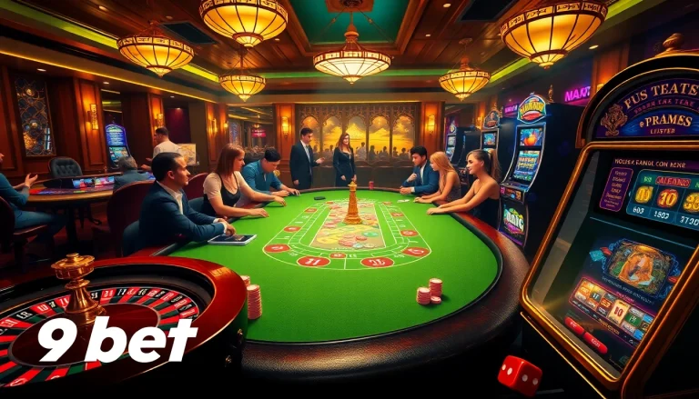 Players enjoying the thrill of strategic gameplay at a 9bet casino table surrounded by vibrant elements.