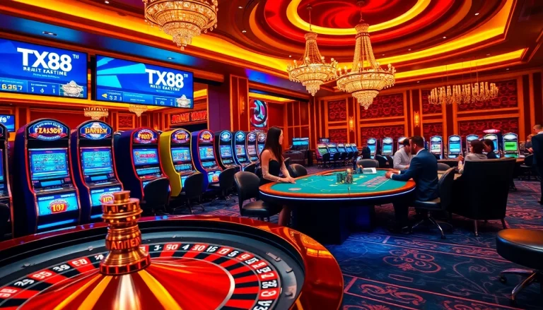 TX88 promotions on display amid a luxurious casino ambiance with roulette and poker tables.
