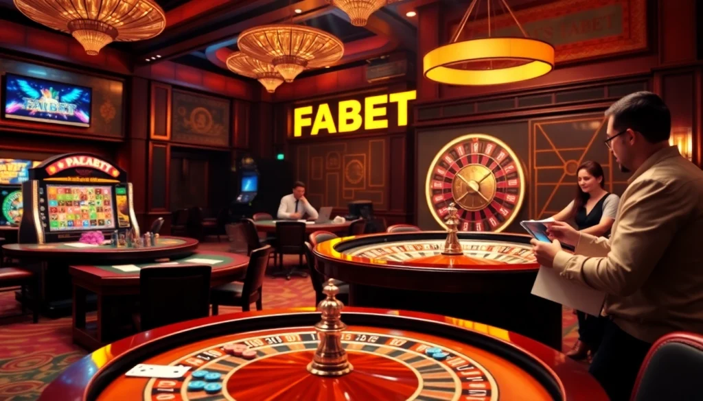 Engaging scene of nhà cái FABET with vibrant gaming tables and live dealers in action