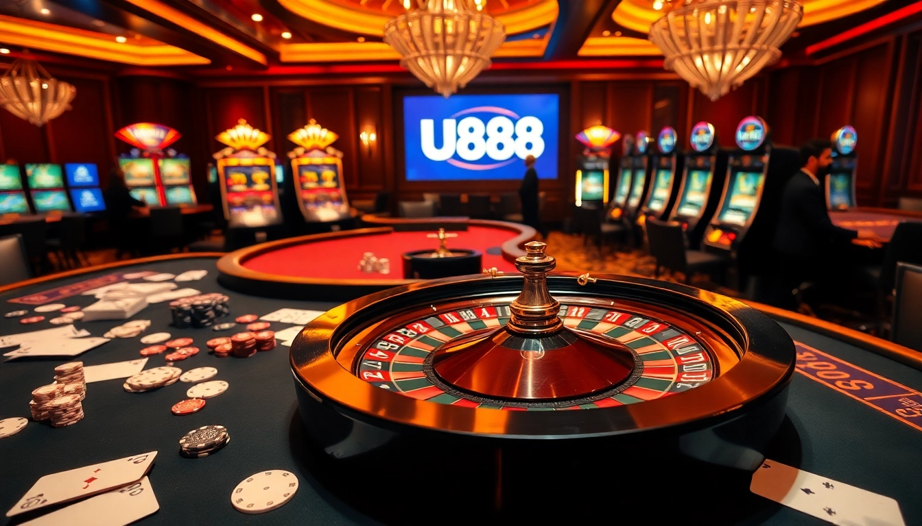 Engage with an enticing UU88 casino scene featuring poker chips, cards, and a spinning roulette wheel.