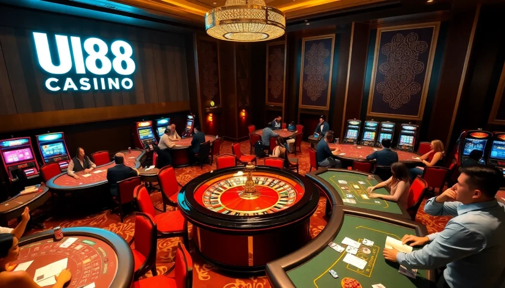UU88 Casino with exciting atmosphere featuring roulette, poker, and vibrant slot machines.