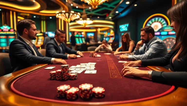 A professional poker game scene illustrating players at a table featuring 789f poker strategies with colorful chips and cards.
