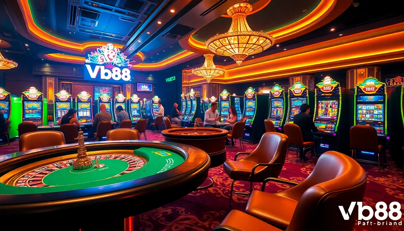 Players enjoying exciting casino games at Vb88, showcasing poker tables and slot machines.