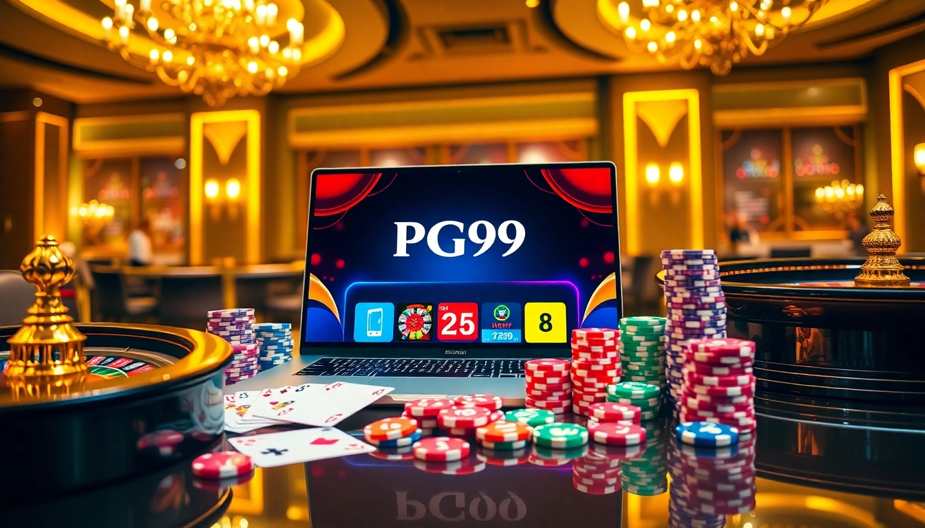Engage with PG99 gaming at a luxurious casino scene filled with vibrant casino elements.