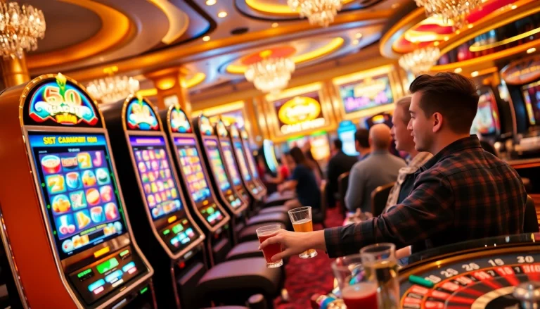 Experience the thrill of Slot Gacor as players engage with colorful machines in a luxurious casino setting.