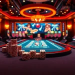 Engage in thrilling games at xx88 with vibrant casino visuals showcasing poker chips and slot machines.