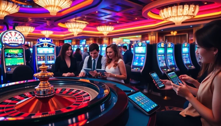 Experience the thrill of THABET casino with vibrant roulette tables and excited players.
