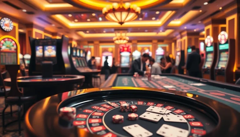 Exciting casino ambiance featuring roulette, slot machines, and OK8386 branding for a vibrant gaming atmosphere.