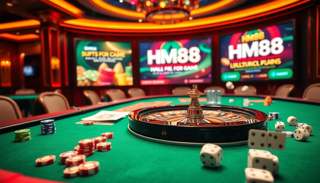Engaging casino scene showcasing HM88 branding on a roulette table with poker chips and cards.
