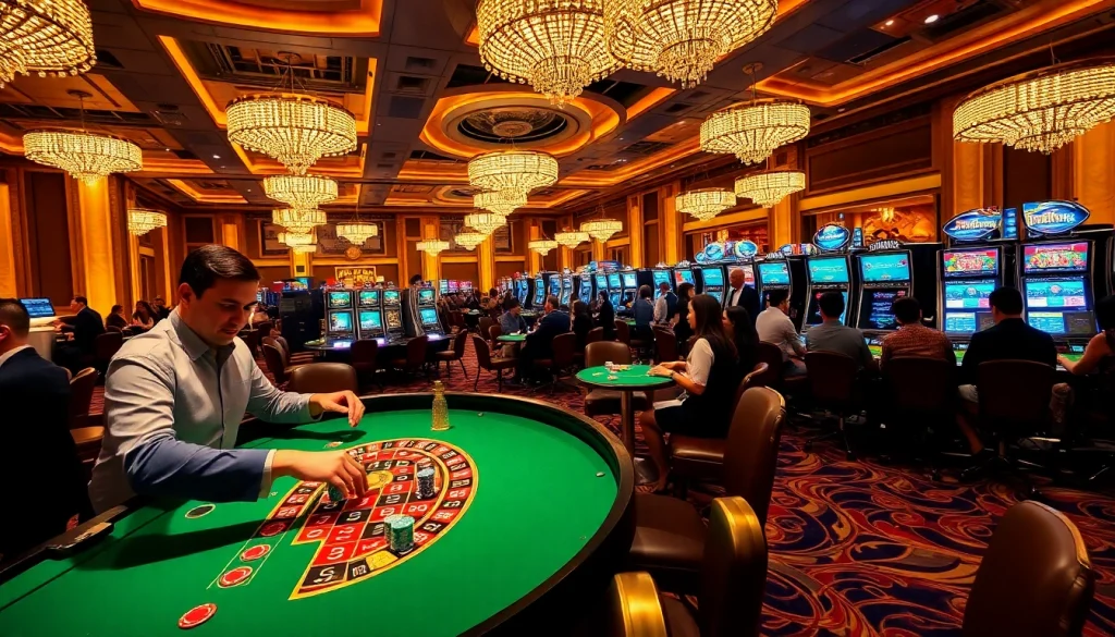 Nohu-themed gambling excitement at a vibrant casino floor featuring roulette and poker.