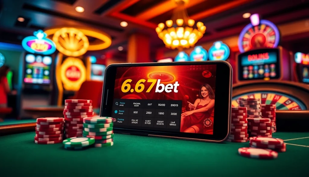 The 667bet App showcased on a smartphone among vibrant casino elements like poker chips and roulette wheels.
