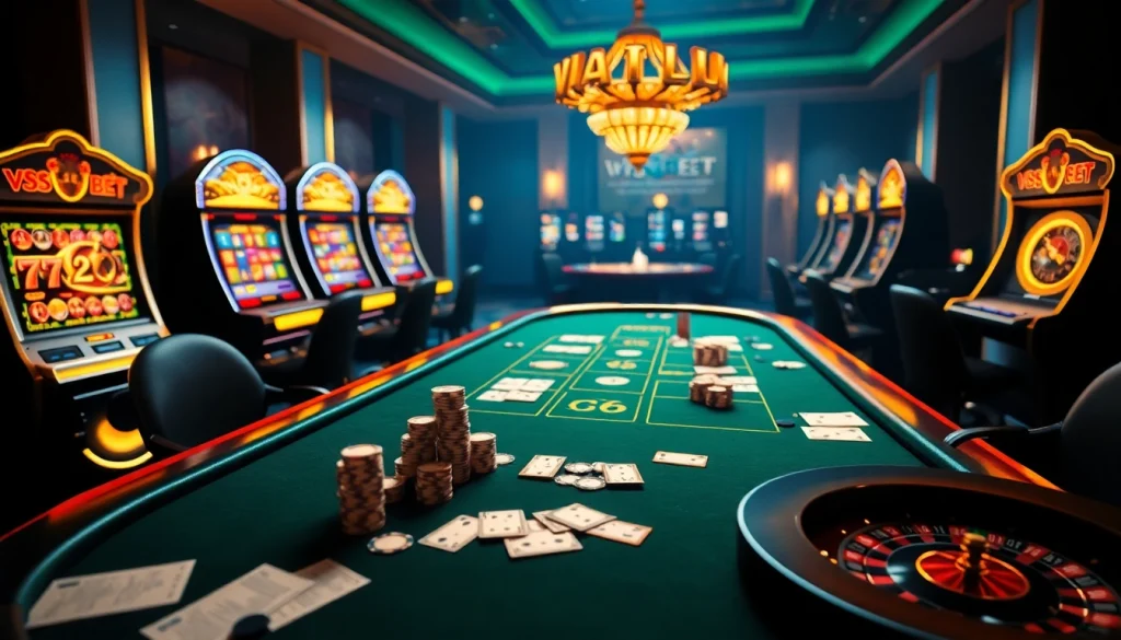 Experience thrilling games at Nhà cái VSBET with vibrant casino elements like poker tables and slot machines.