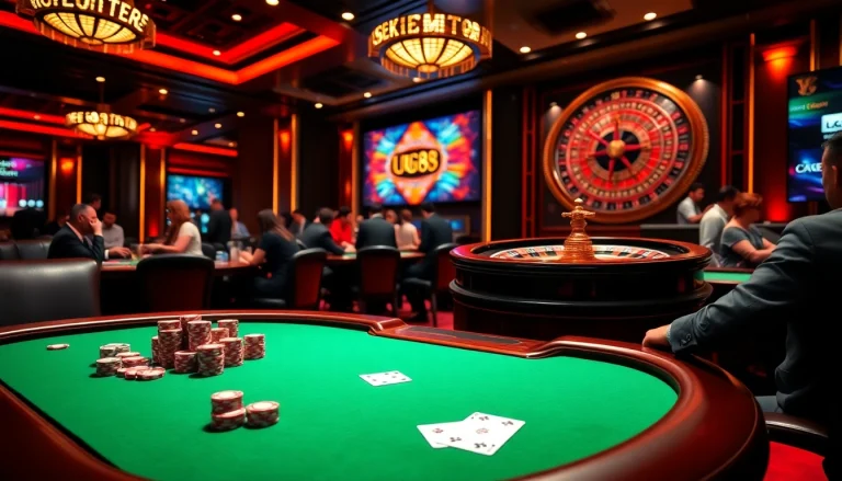 Engaging scene of excitement at a casino table with uu88 poker chips and cards.