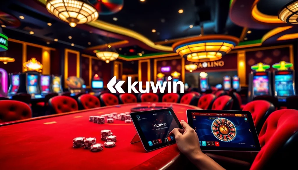Kuwin offers an exciting casino experience with lively games, poker chips, and illuminated slot machines.