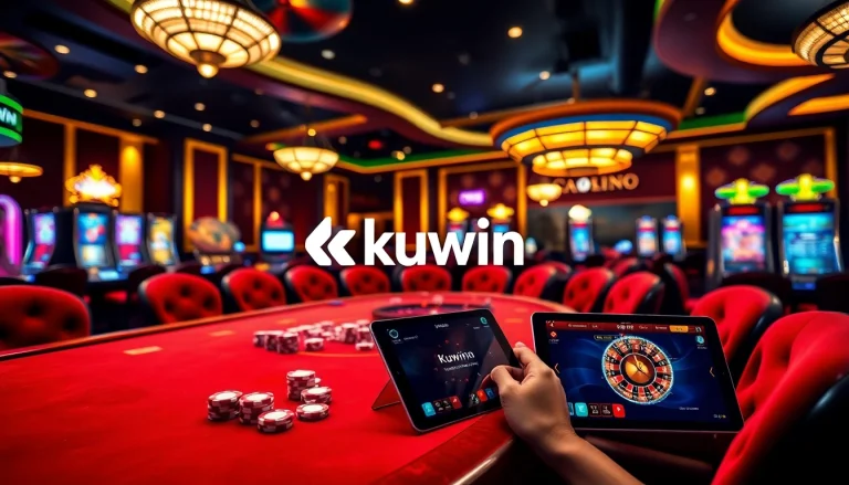 Kuwin offers an exciting casino experience with lively games, poker chips, and illuminated slot machines.