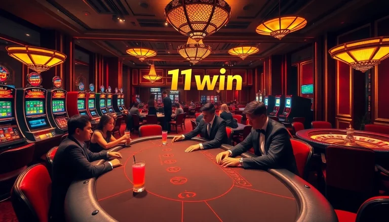 Experience the excitement at 11win's luxurious casino tables with vibrant lighting and engaged players.