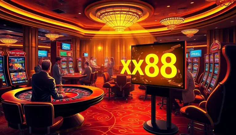 Players engaged in high-stakes gambling at a luxurious xx88 casino with vibrant roulette and poker tables.