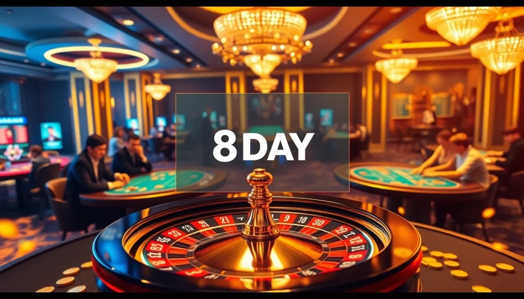 Experience thrilling gameplay at 8DAY Casino, with a vibrant roulette table and excited gamblers.