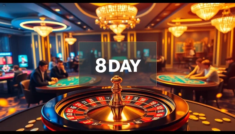 Experience thrilling gameplay at 8DAY Casino, with a vibrant roulette table and excited gamblers.