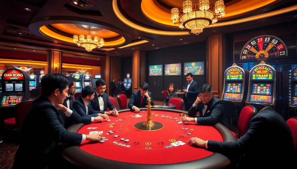 A thrilling poker game at trang chủ go8, featuring elite gamblers and luxury casino elements.