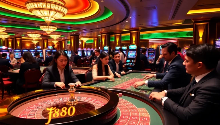 Exciting casino gameplay at fb88 with players engaged at roulette tables and slot machines.