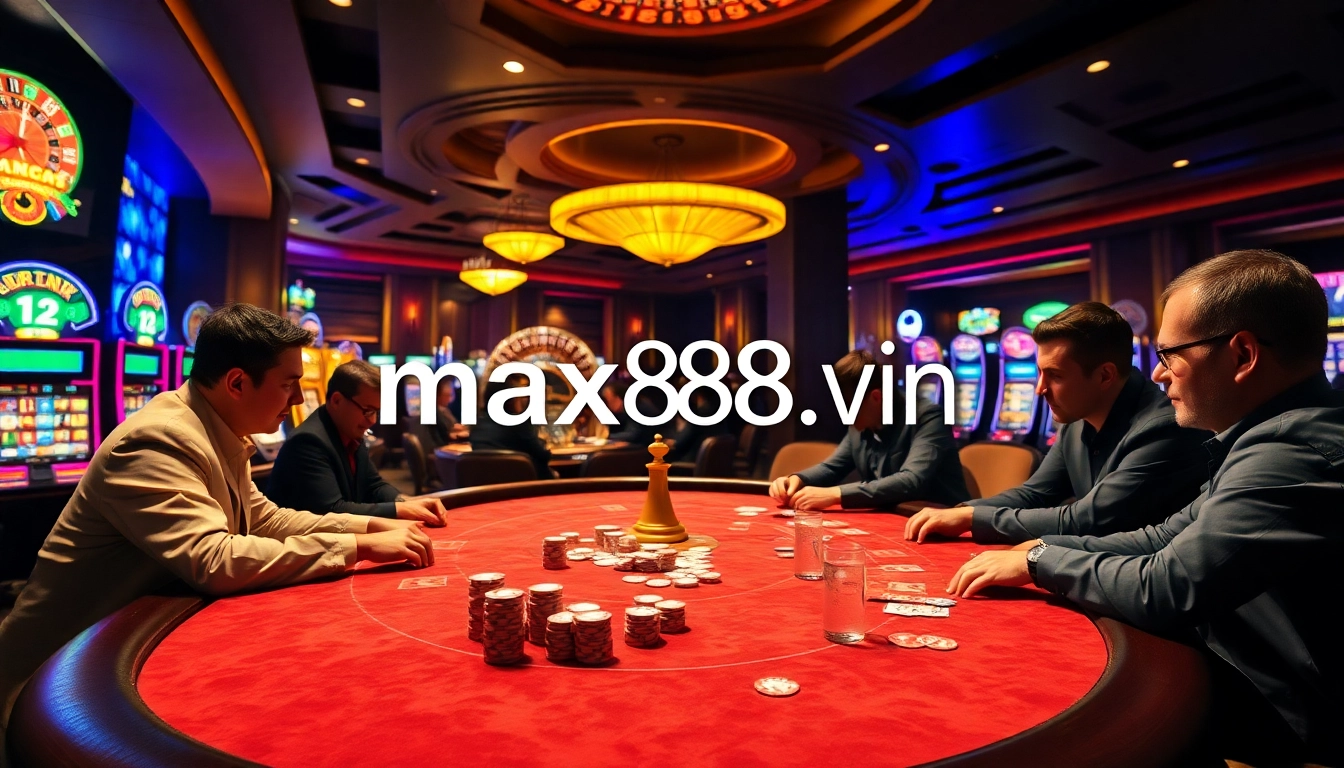 Players at max88. vin casino, enjoying poker and slots under luxurious lighting.