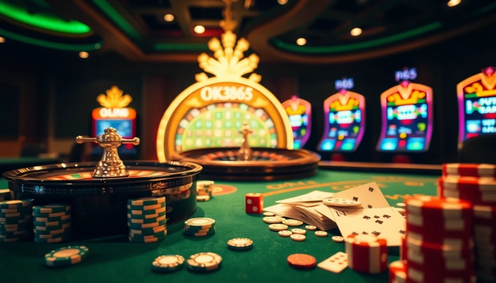 Experience the thrill of Nhà cái OK365 with vibrant casino gaming tables and slot machines.