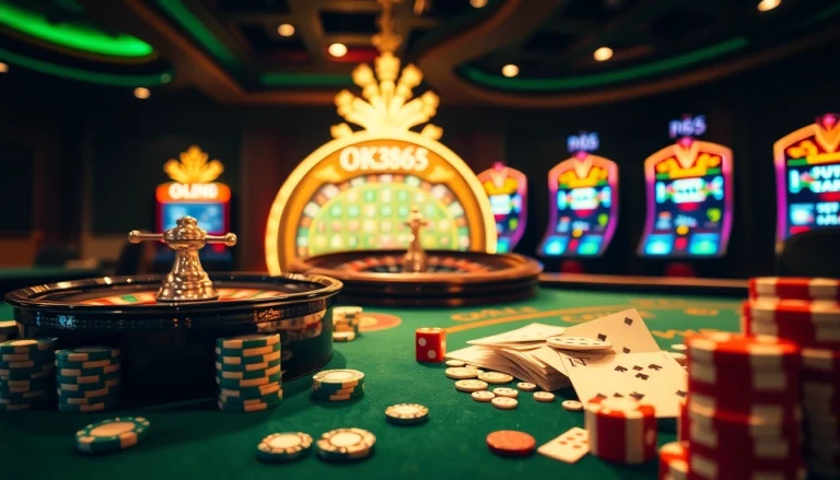 Experience the thrill of Nhà cái OK365 with vibrant casino gaming tables and slot machines.