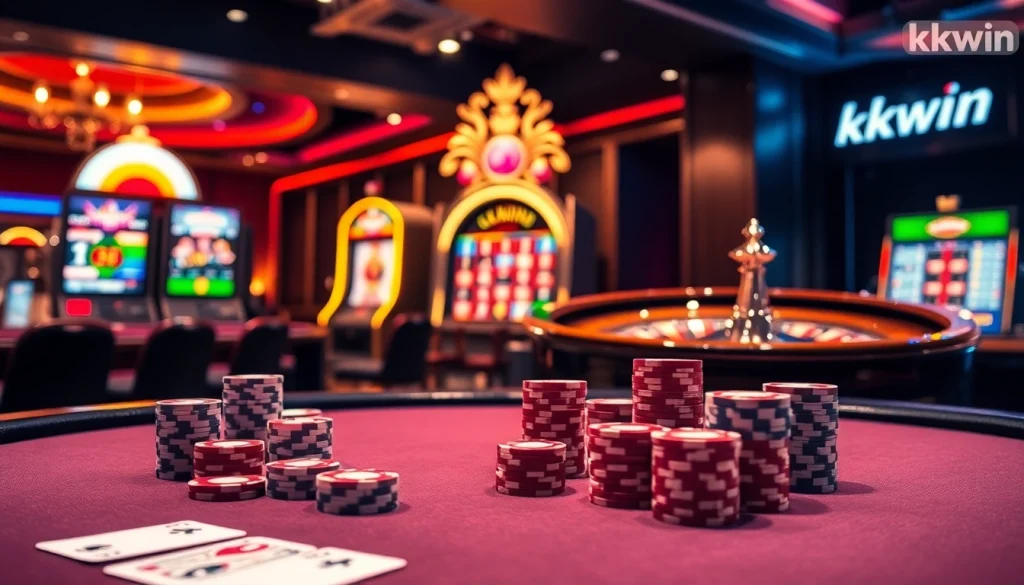 Professional gamblers enjoying high-stakes action at a kkwin casino table with chips and cards.