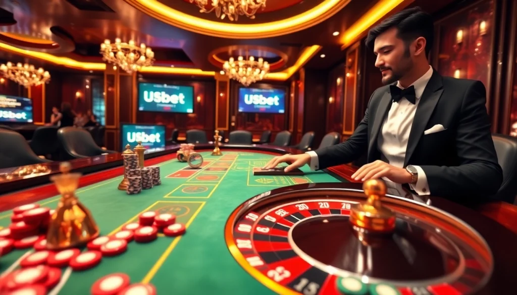 Engage in thrilling gameplay at USBet with a luxurious casino table and vibrant atmosphere.