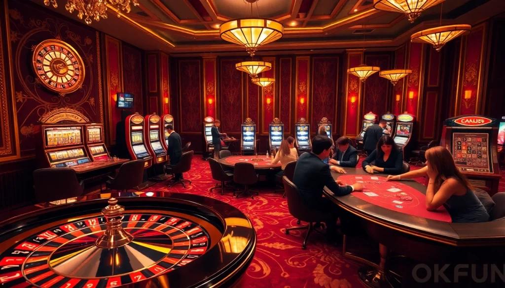 Gambling excitement features OKFUN tables with vibrant chips and digital betting slips.