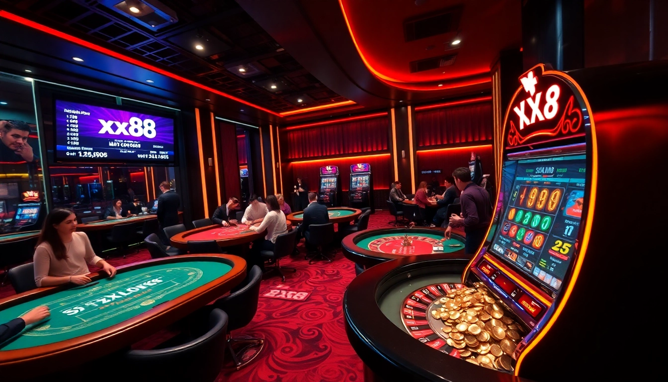 xx88 players engaging in an exhilarating casino atmosphere with vibrant gaming tables and illuminated slot machines.