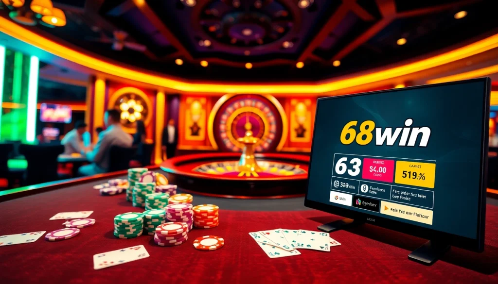 Players enjoying a vibrant casino atmosphere with 68win branding and casino games.