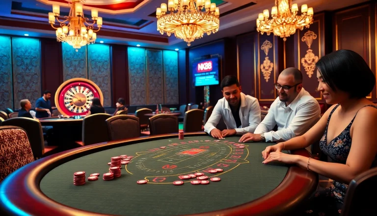 Engage with the thrilling atmosphere of NK88 at an elegant casino table, with chips and excitement in the air.