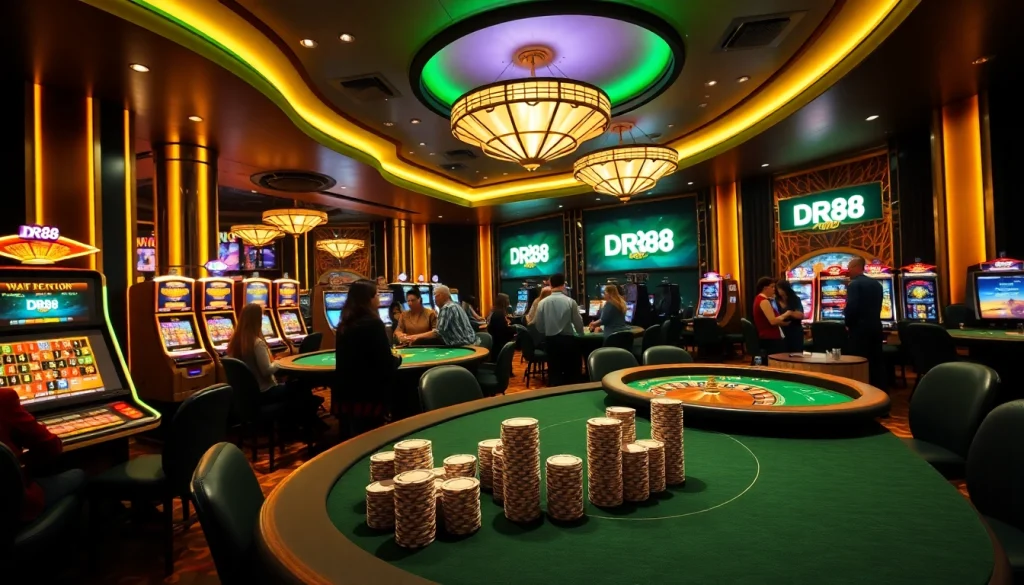Engaged players enjoying games at DR88 casino, highlighting vibrant tables and slot machines.