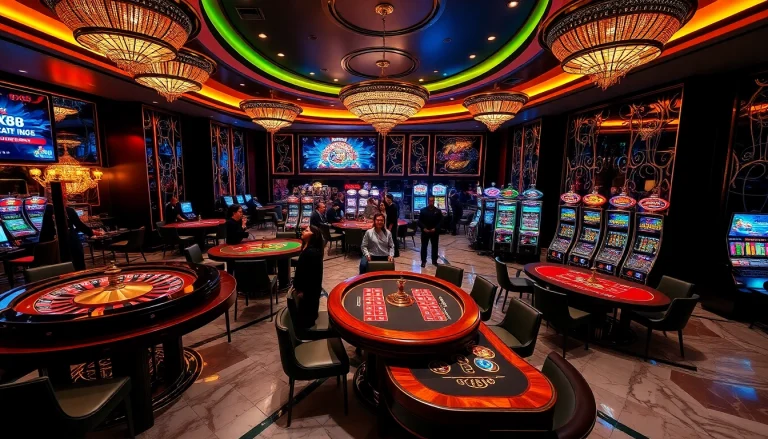 Players enjoying thrilling games at Nhà cái xx88 with vibrant slot machines and elegant casino vibes.