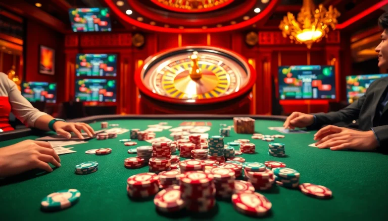 Xn88 gaming table with poker chips and cards in an exciting casino atmosphere.