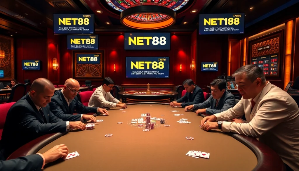 NET88 players engage in high-stakes poker at a luxurious casino with vibrant lighting.