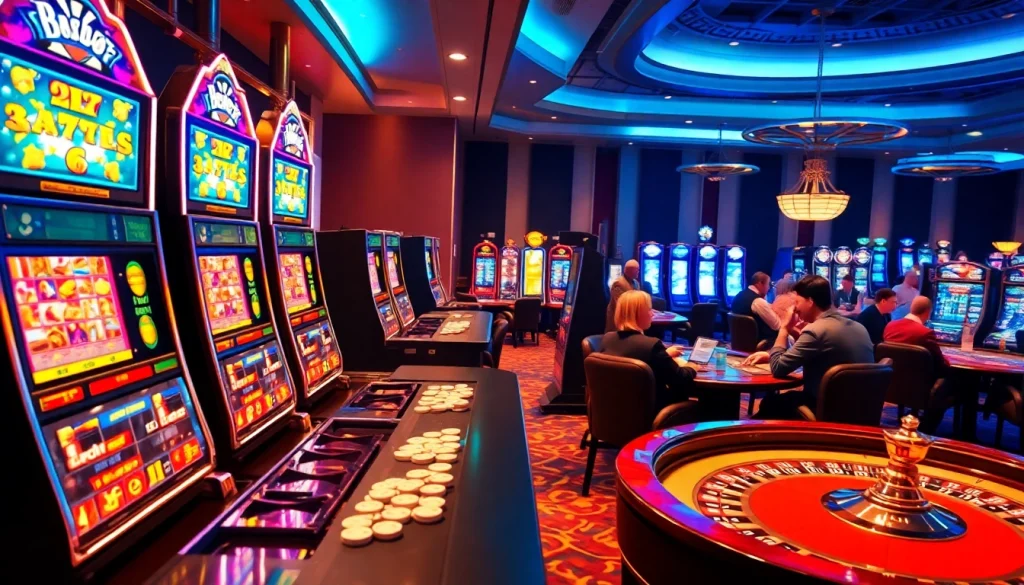 Experience the excitement of the uk88 app with vibrant casino visuals featuring tables, slot machines, and players.