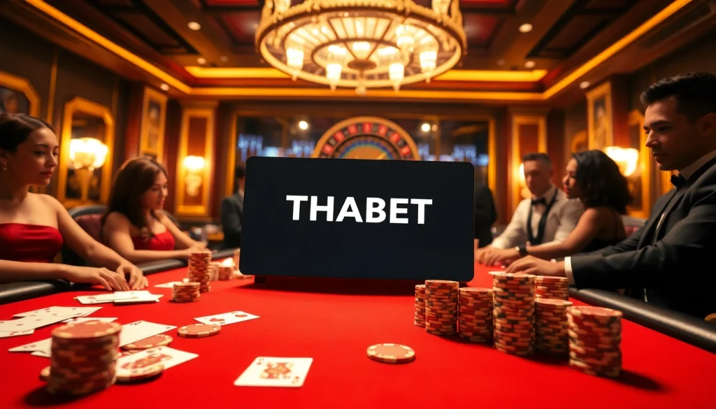 Experience the excitement of Trang chủ Thabet with a lively casino scene featuring poker and roulette.