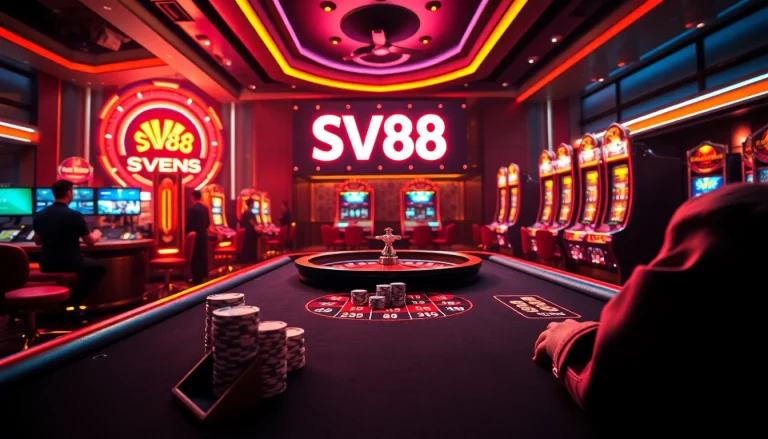 Gambling excitement at SV88 casino with vibrant poker chips and roulette wheel.
