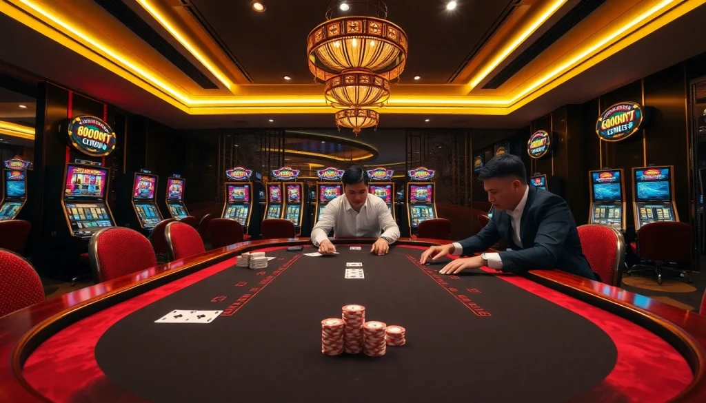 Exciting gameplay at Nhà cái 11win, featuring a blackjack table, vibrant slot machines, and engaged players.