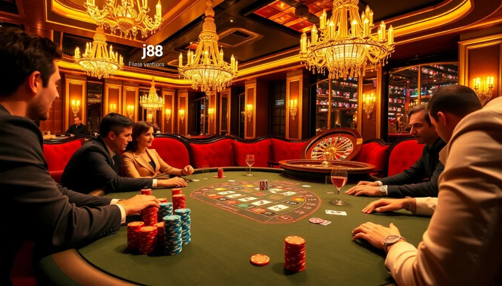 Experience thrilling poker action at the j88 casino table, showcasing vibrant chips and cards.