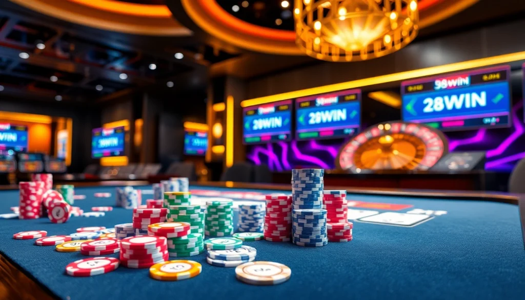 A vibrant casino scene featuring 98win players engaging in a strategic poker game with colorful chips and cards.