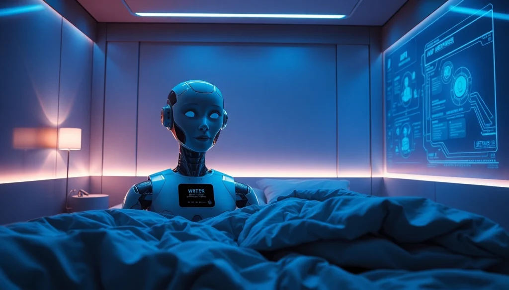 AI sex bot in a futuristic bedroom, showcasing advanced interactive features and a cozy ambiance.