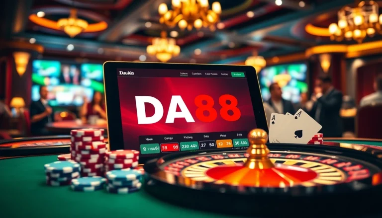 Experience the thrill of DA88 online gambling with a luxurious casino backdrop and engaging gaming elements.